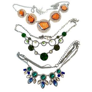 3 Silver Toned Necklaces 1 Blue and Green 1 Orange and 1 Green Unbranded